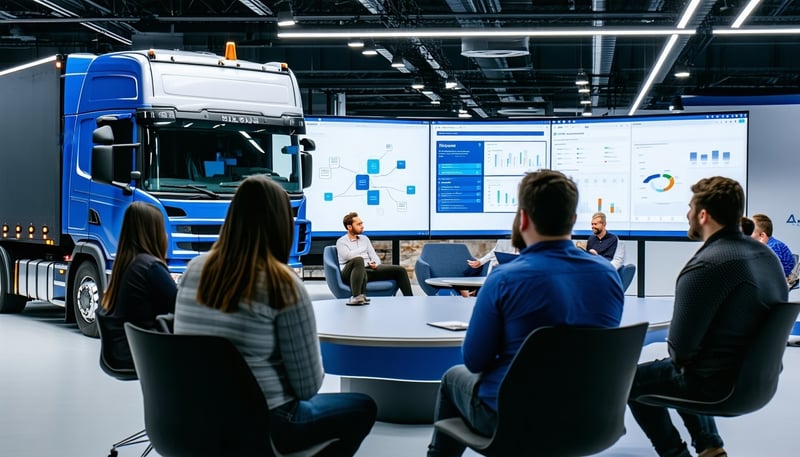 Optera Software Solutions team developing Microsoft cloud-based applications and demonstrating truckchecker.ai interface